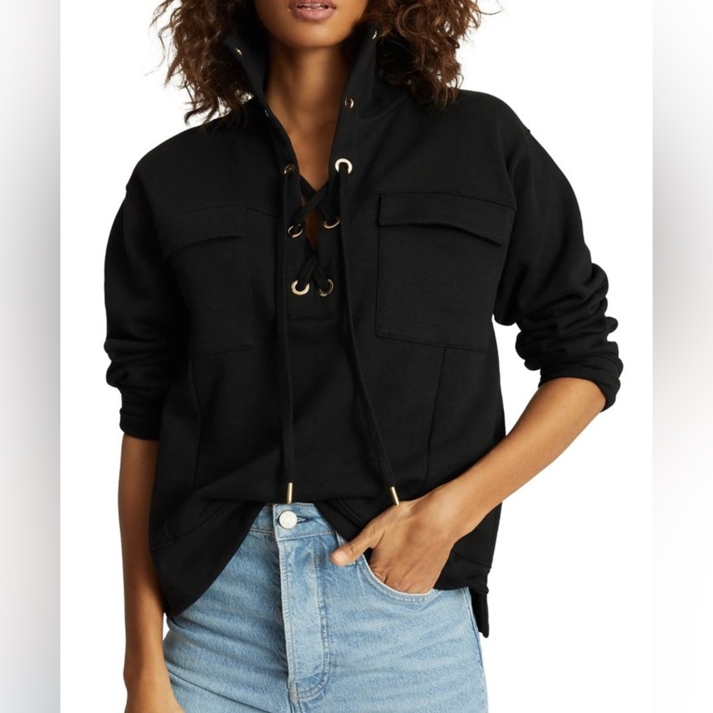 REISS Aya Lace Up Chest Pocket Black Pullover Sweatshirt Size XS